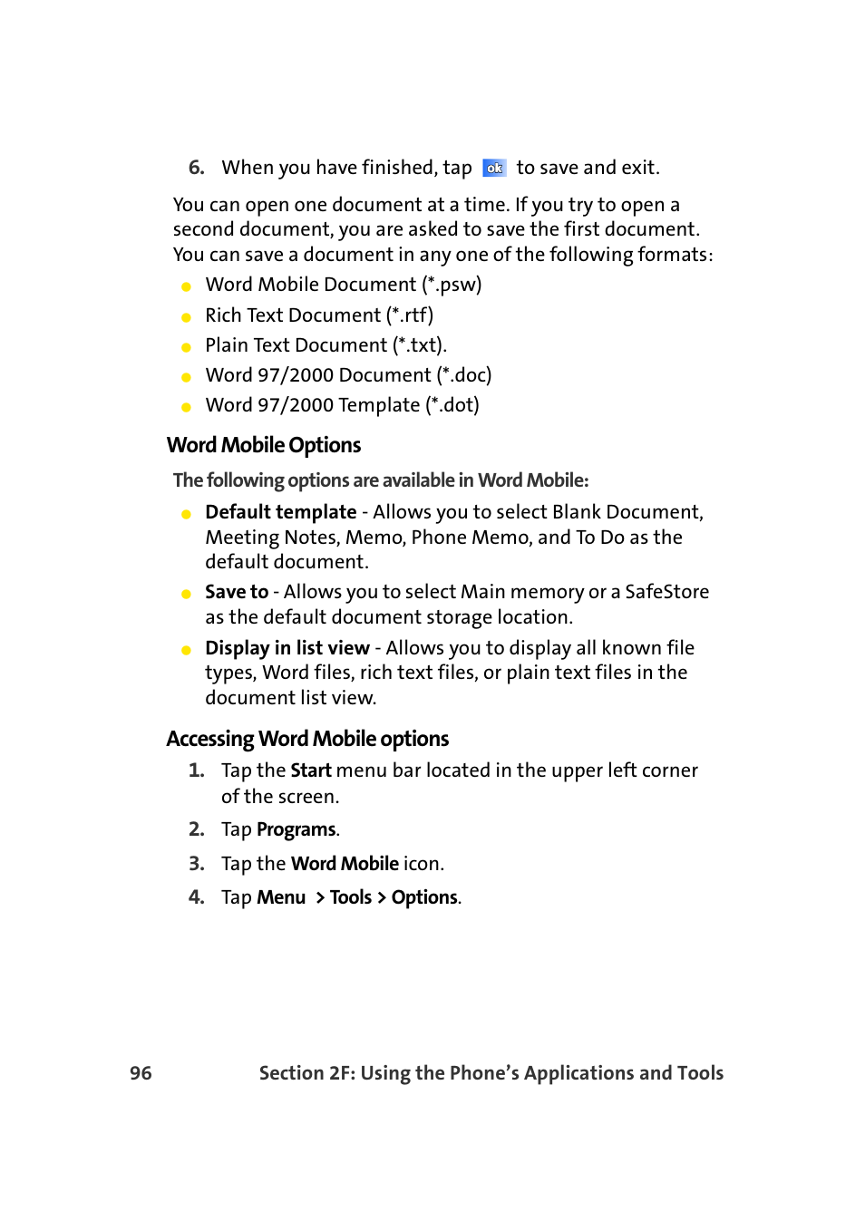 Word mobile options, Accessing word mobile options | Samsung SCH-I830MSASPR User Manual | Page 104 / 236