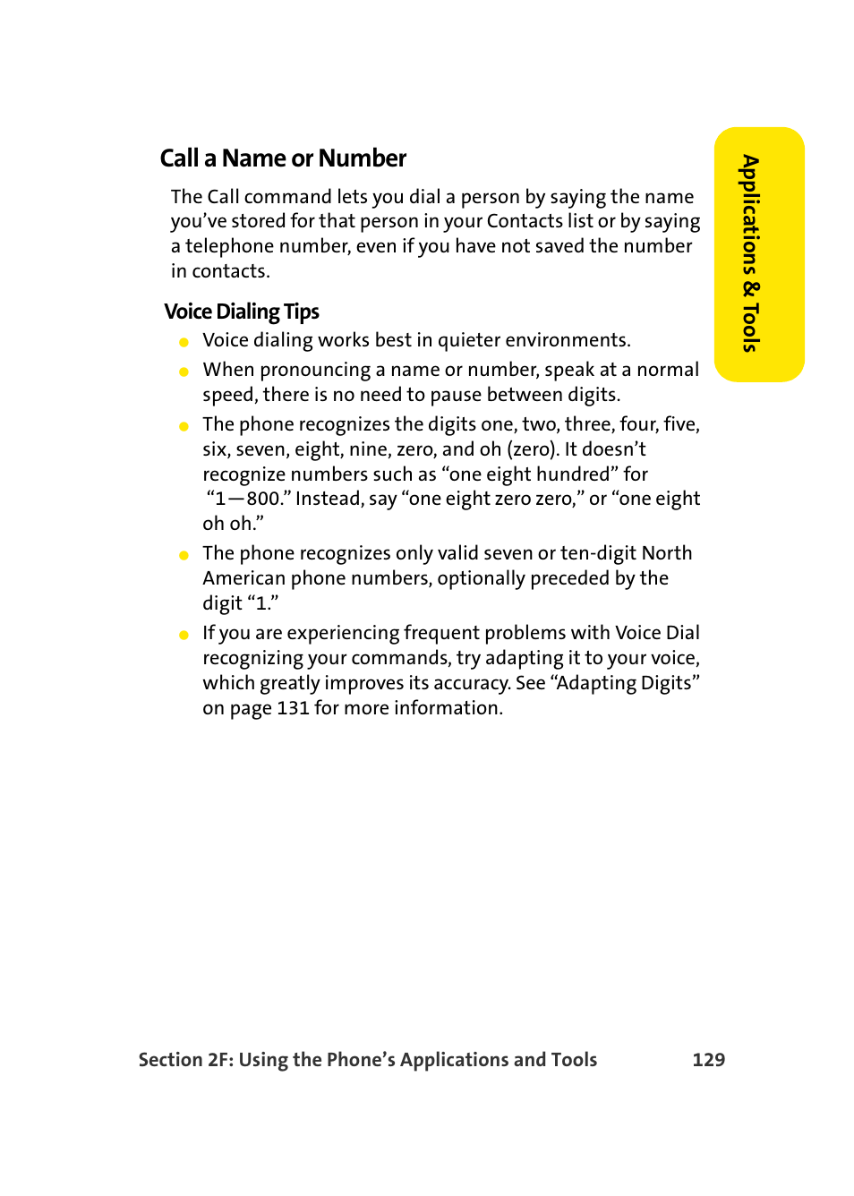 Call a name or number, Applic a tions & to ols, Voice dialing tips | Samsung SCH-I830MSASPR User Manual | Page 137 / 236