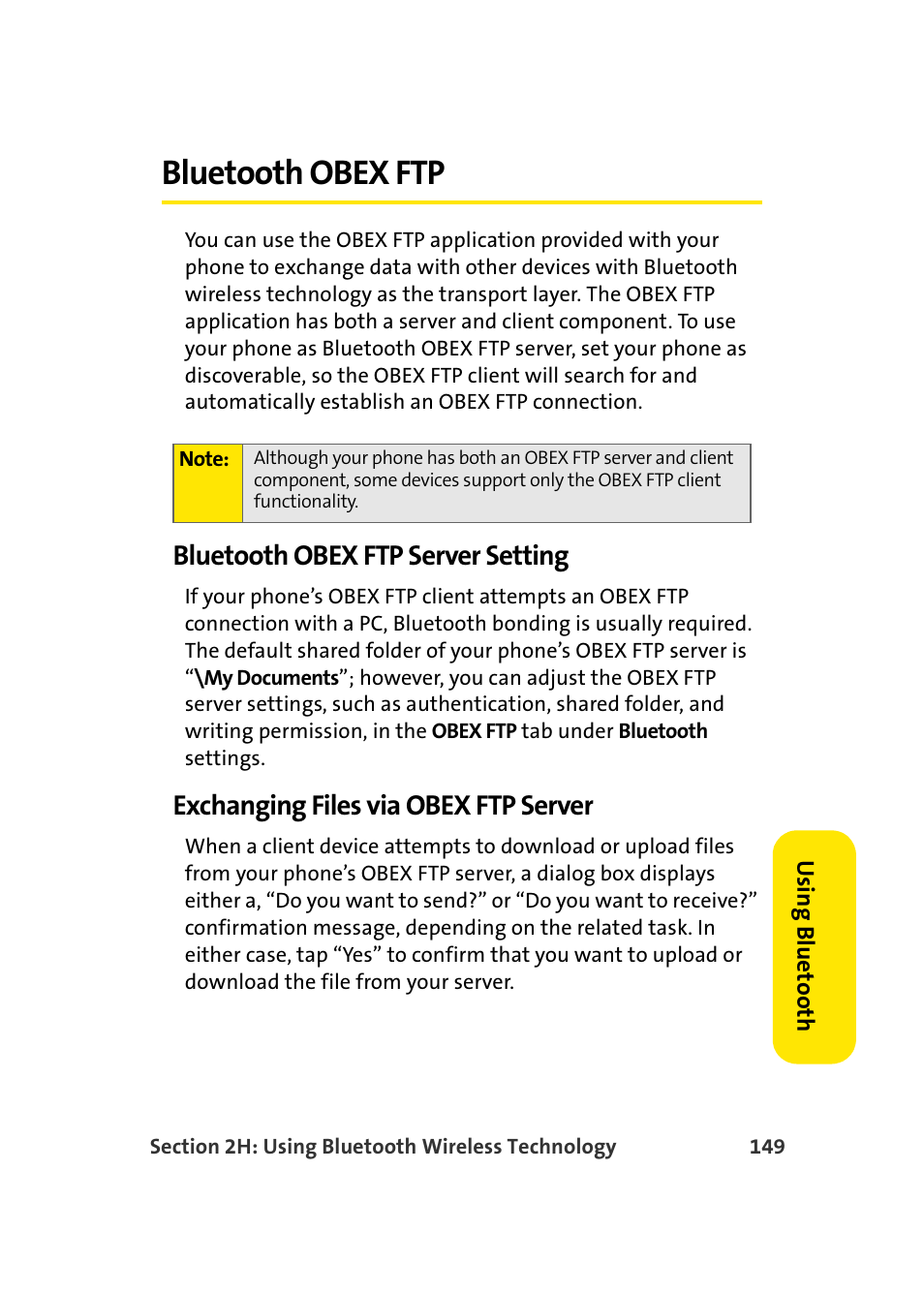 Bluetooth obex ftp, Bluetooth obex ftp server setting, Exchanging files via obex ftp server | Samsung SCH-I830MSASPR User Manual | Page 157 / 236