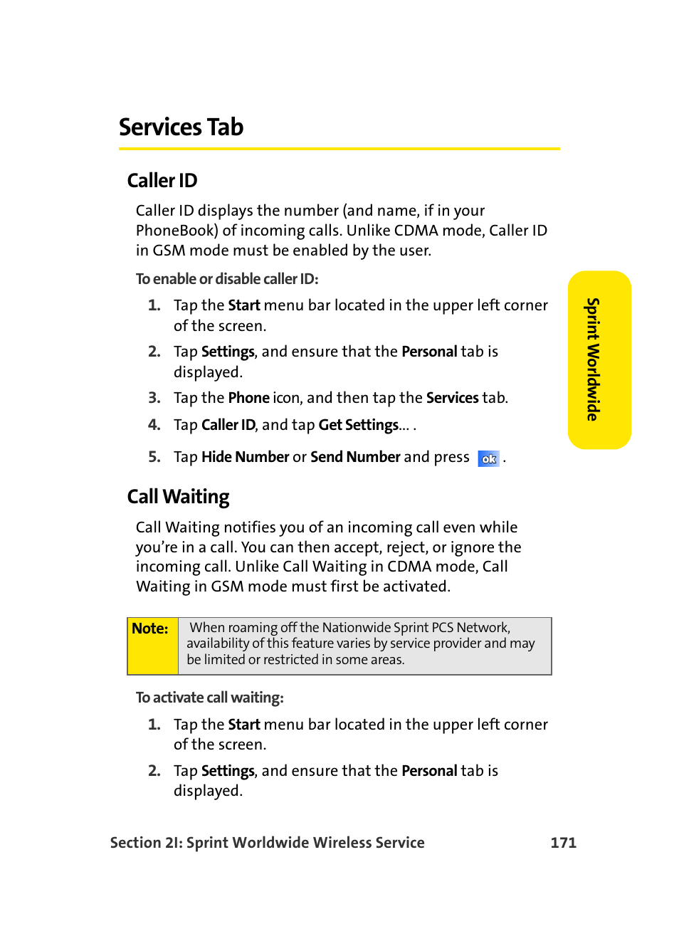 Services tab, Caller id, Call waiting | Samsung SCH-I830MSASPR User Manual | Page 179 / 236