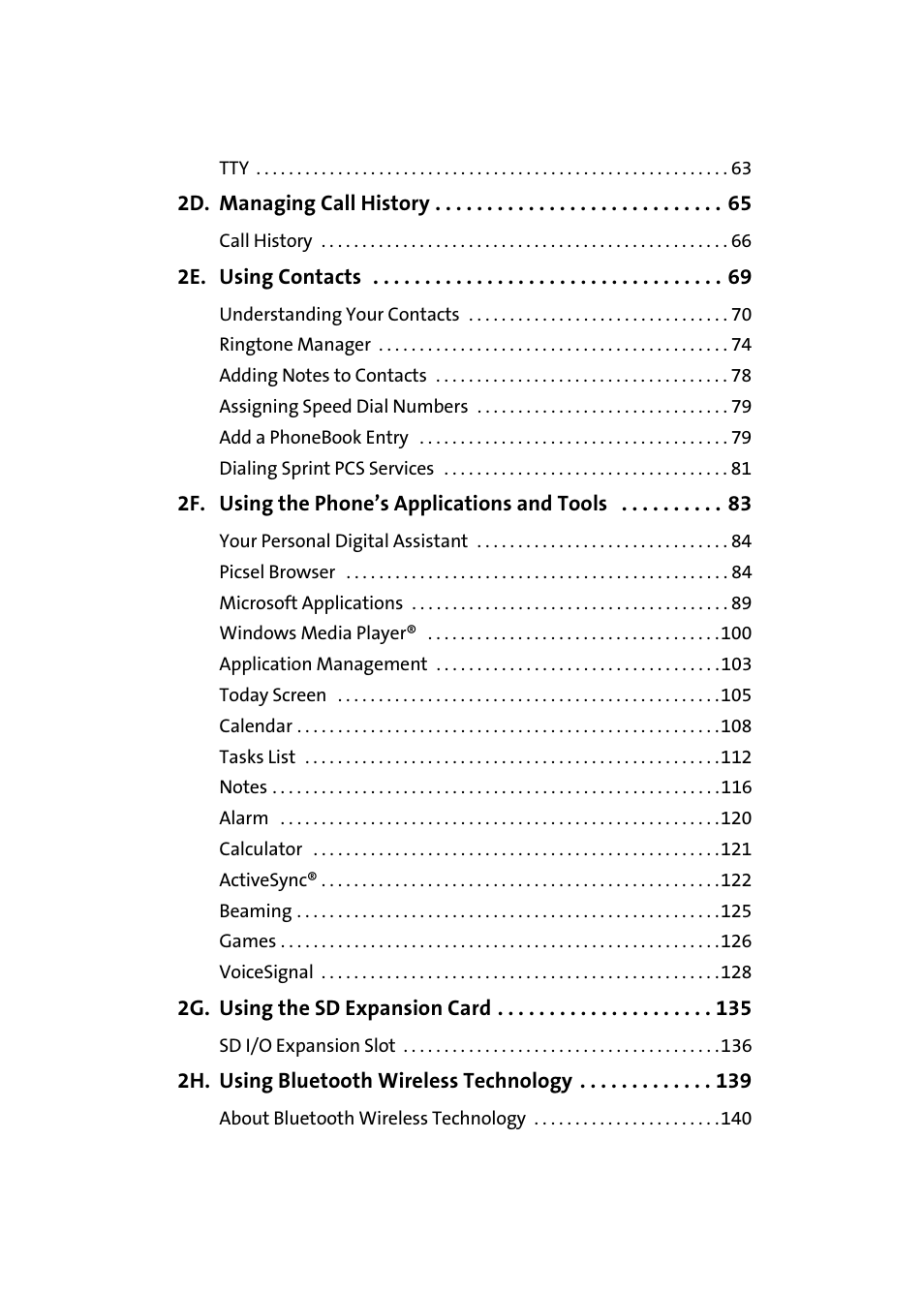 2d. managing call history 65, 2e. using contacts 69, 2f. using the phone’s applications and tools 83 | 2g. using the sd expansion card 135, 2h. using bluetooth wireless technology 139 | Samsung SCH-I830MSASPR User Manual | Page 4 / 236