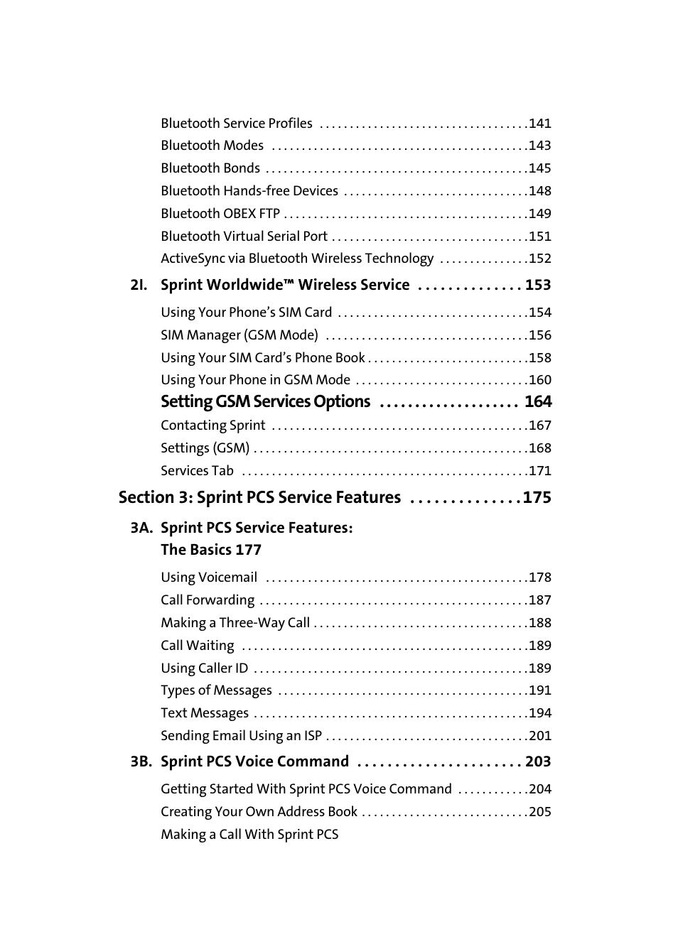 2i. sprint worldwide™ wireless service 153, Section 3: sprint pcs service features 175, 3a. sprint pcs service features: the basics 177 | 3b. sprint pcs voice command 203, Setting gsm services options | Samsung SCH-I830MSASPR User Manual | Page 5 / 236
