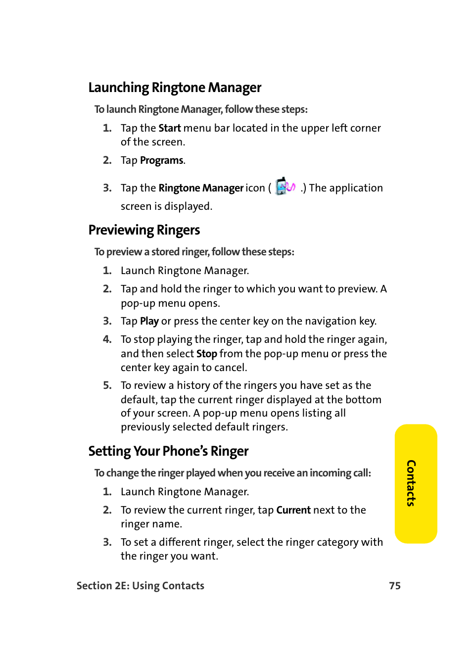 Launching ringtone manager, Previewing ringers, Setting your phone’s ringer | Samsung SCH-I830MSASPR User Manual | Page 83 / 236