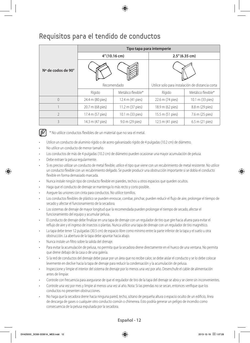 Requisitos para el tendido de conductos | Samsung DV42H5200GF-A3 User Manual | Page 100 / 132