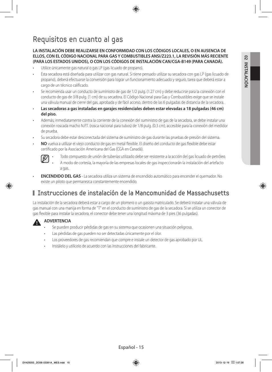Requisitos en cuanto al gas | Samsung DV42H5200GF-A3 User Manual | Page 103 / 132