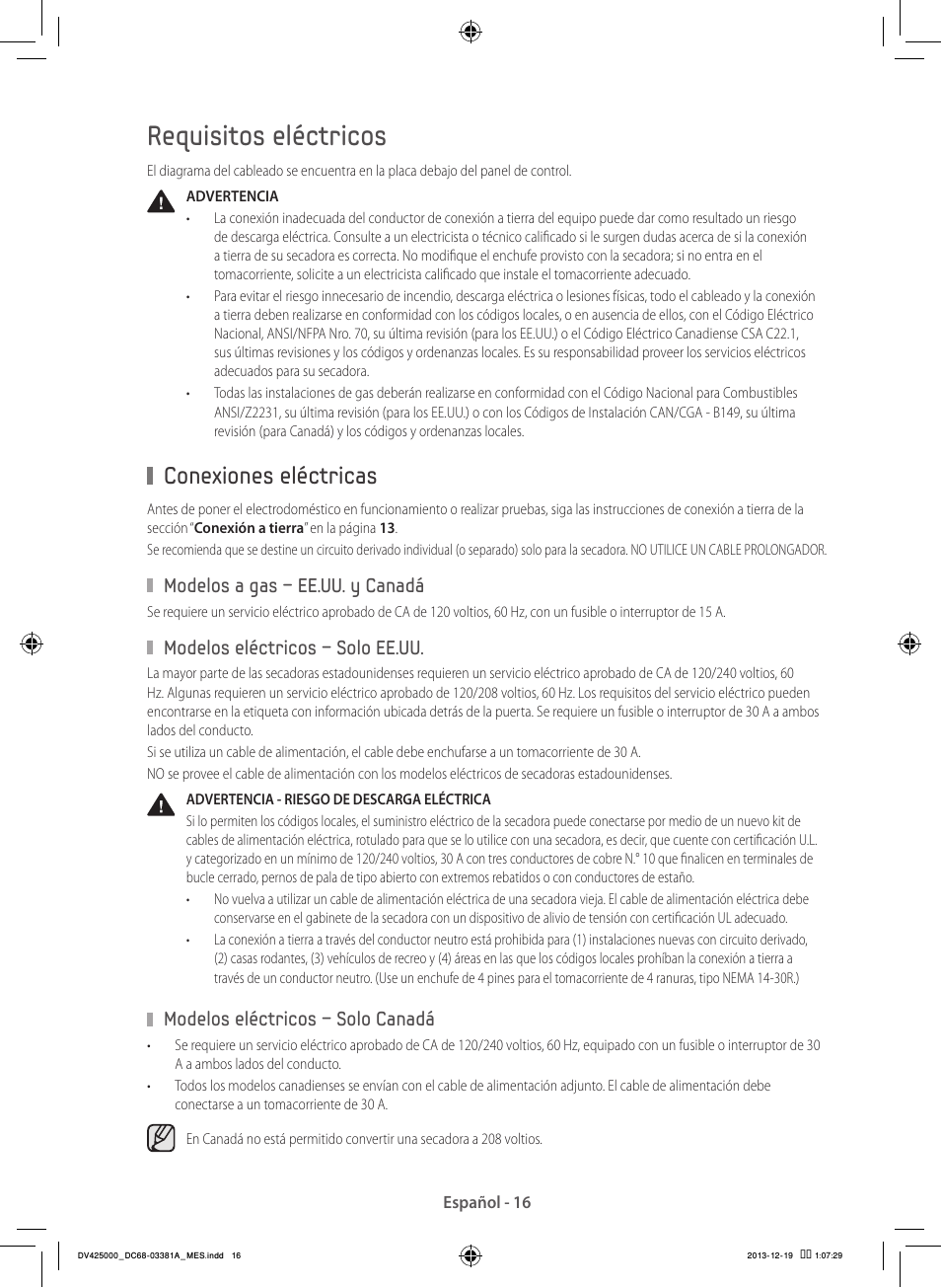 Requisitos eléctricos, Conexiones eléctricas | Samsung DV42H5200GF-A3 User Manual | Page 104 / 132