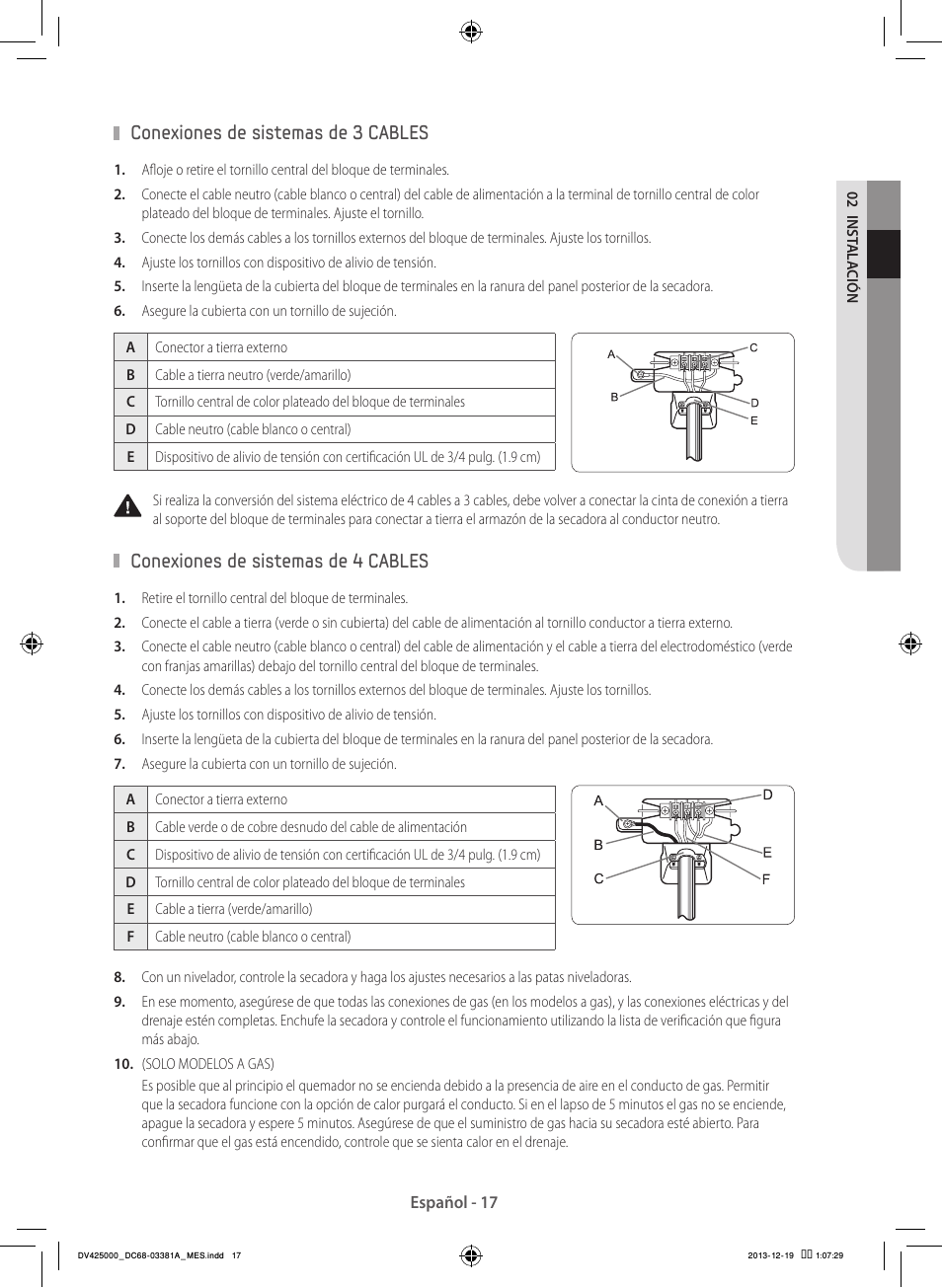 Conexiones de sistemas de 3 cables, Conexiones de sistemas de 4 cables | Samsung DV42H5200GF-A3 User Manual | Page 105 / 132