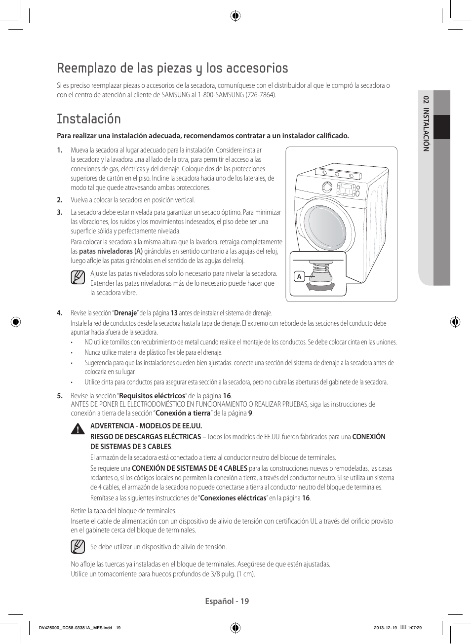 Reemplazo de las piezas y los accesorios, Instalación | Samsung DV42H5200GF-A3 User Manual | Page 107 / 132