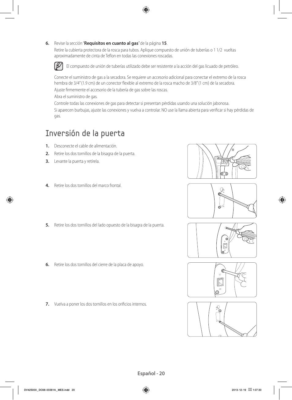 Inversión de la puerta | Samsung DV42H5200GF-A3 User Manual | Page 108 / 132