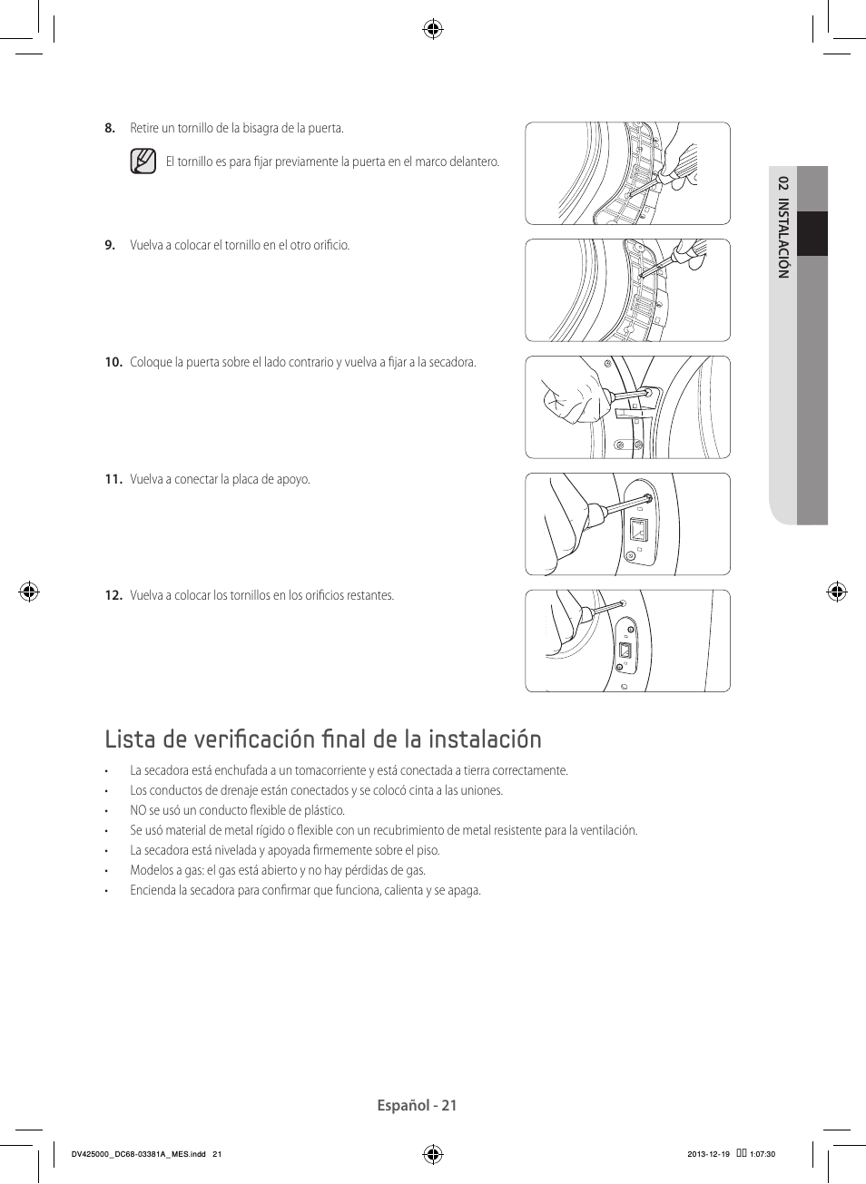 Lista de verificación final de la instalación | Samsung DV42H5200GF-A3 User Manual | Page 109 / 132