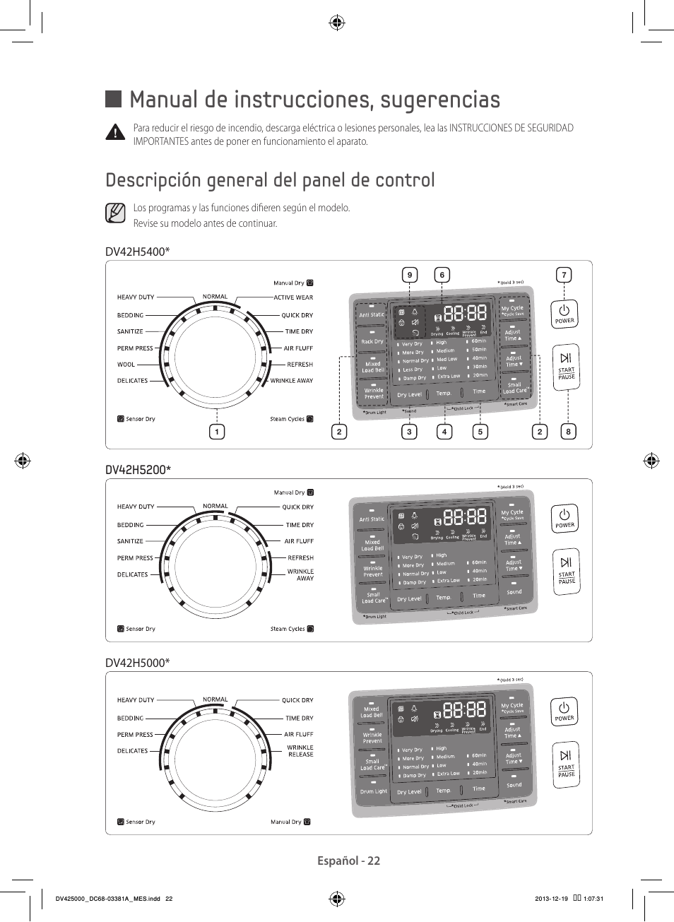 Manual de instrucciones, sugerencias, Descripción general del panel de control, Español - 22 | Samsung DV42H5200GF-A3 User Manual | Page 110 / 132