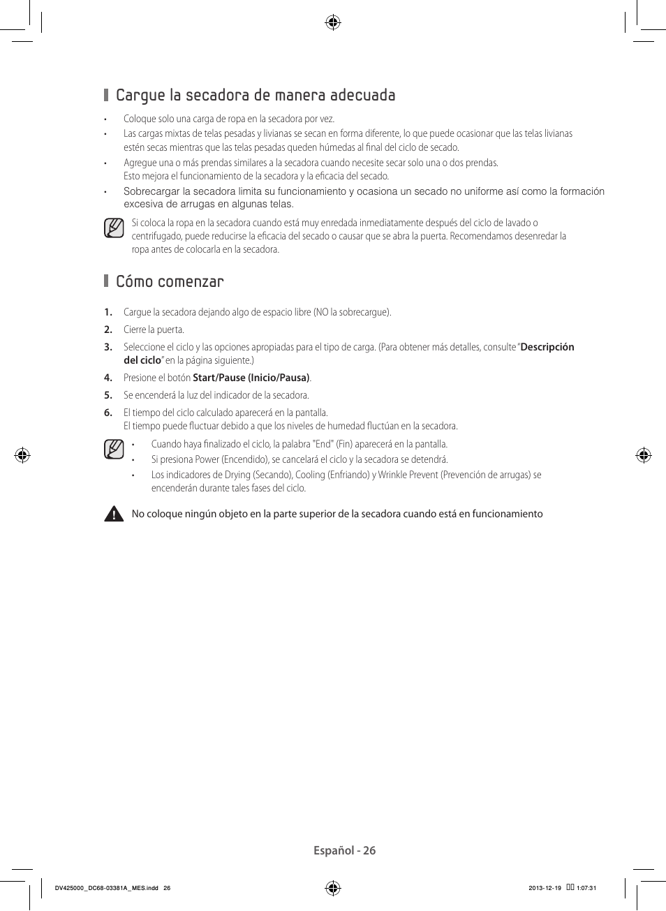 Cargue la secadora de manera adecuada, Cómo comenzar | Samsung DV42H5200GF-A3 User Manual | Page 114 / 132