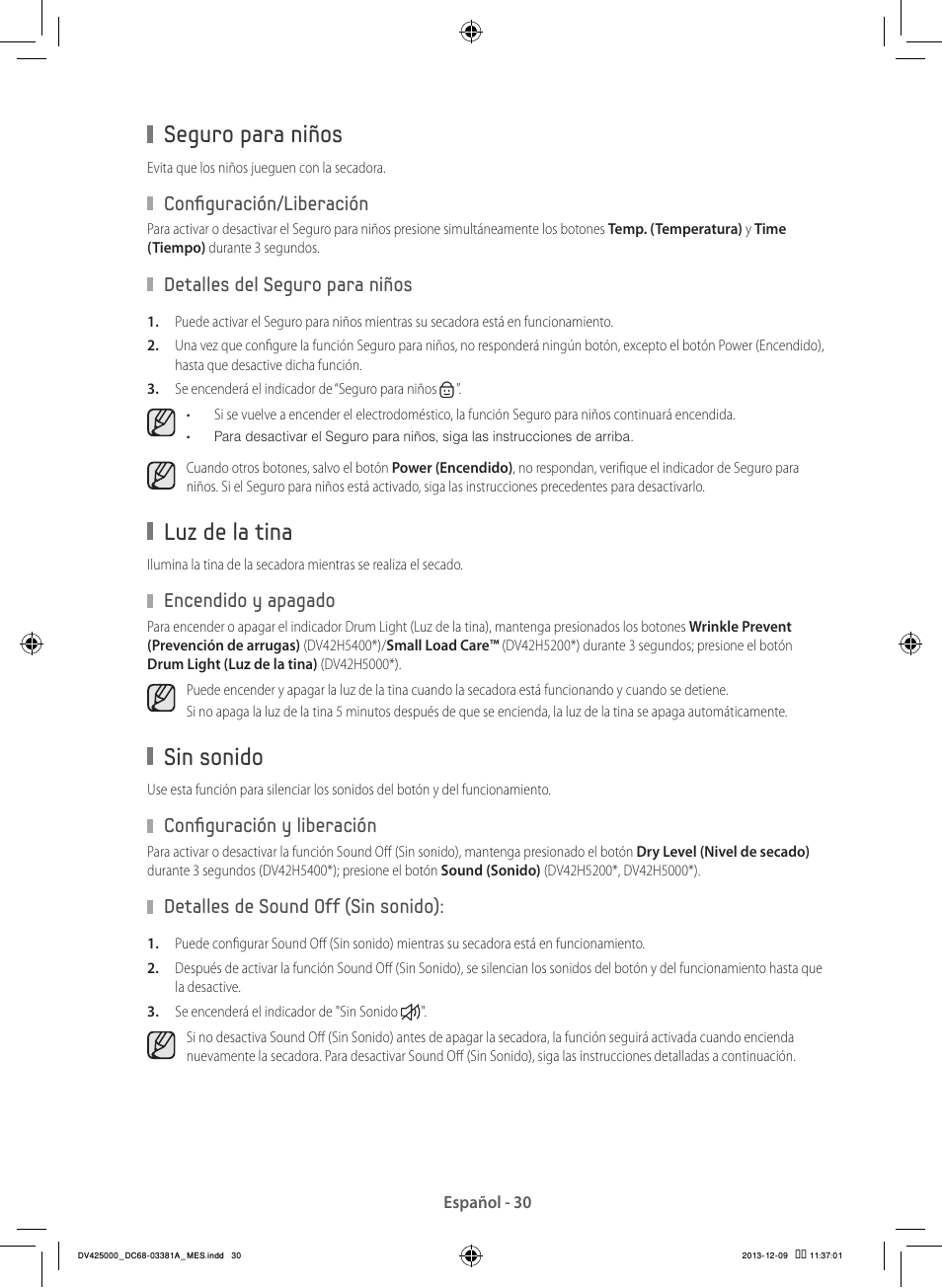 Seguro para niños, Luz de la tina, Sin sonido | Samsung DV42H5200GF-A3 User Manual | Page 118 / 132