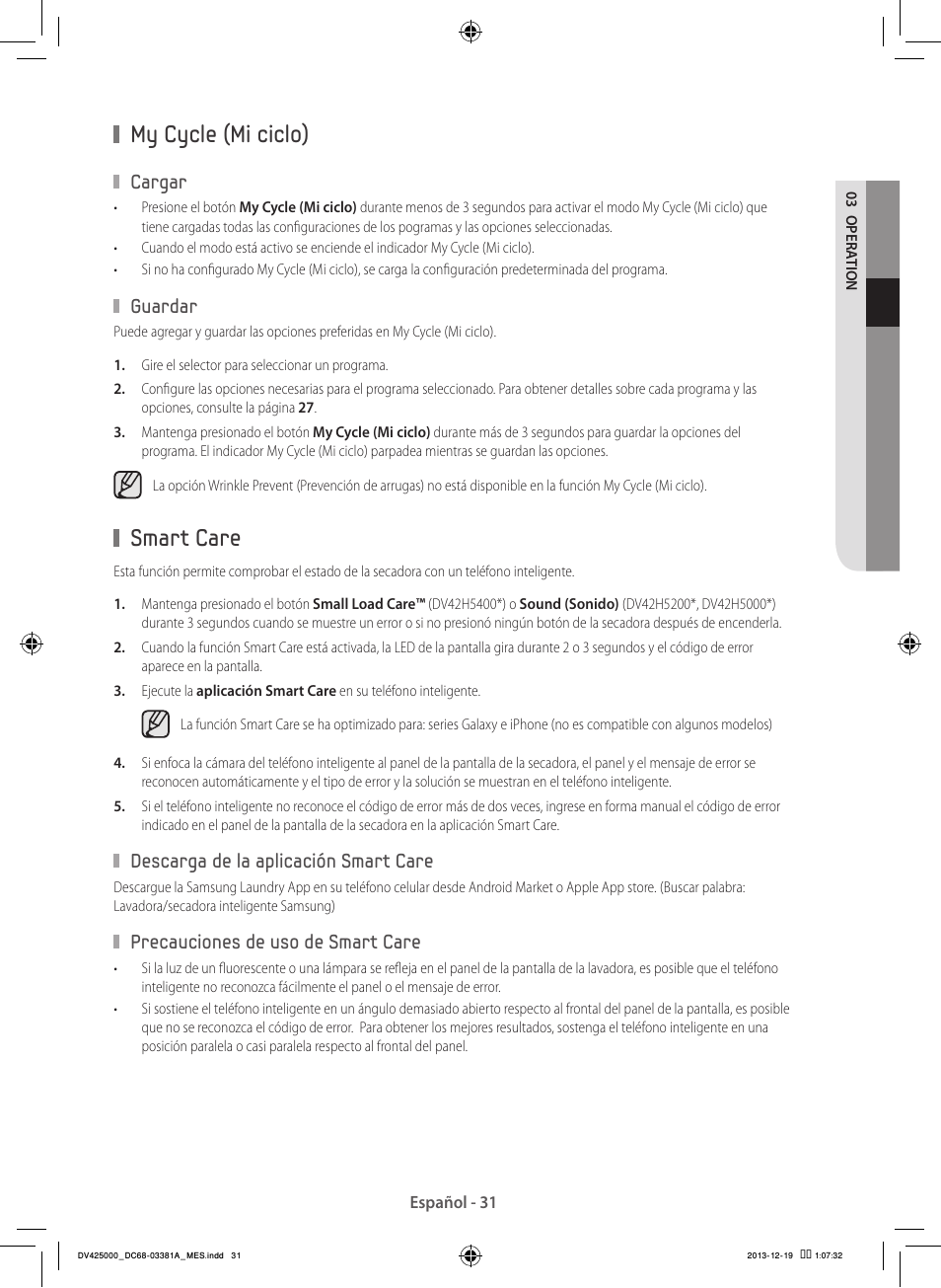 My cycle (mi ciclo), Smart care | Samsung DV42H5200GF-A3 User Manual | Page 119 / 132
