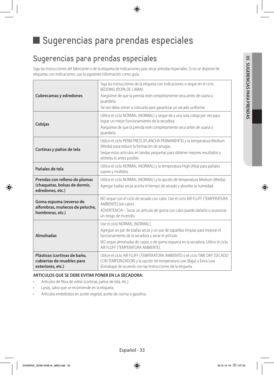 Sugerencias para prendas especiales | Samsung DV42H5200GF-A3 User Manual | Page 121 / 132