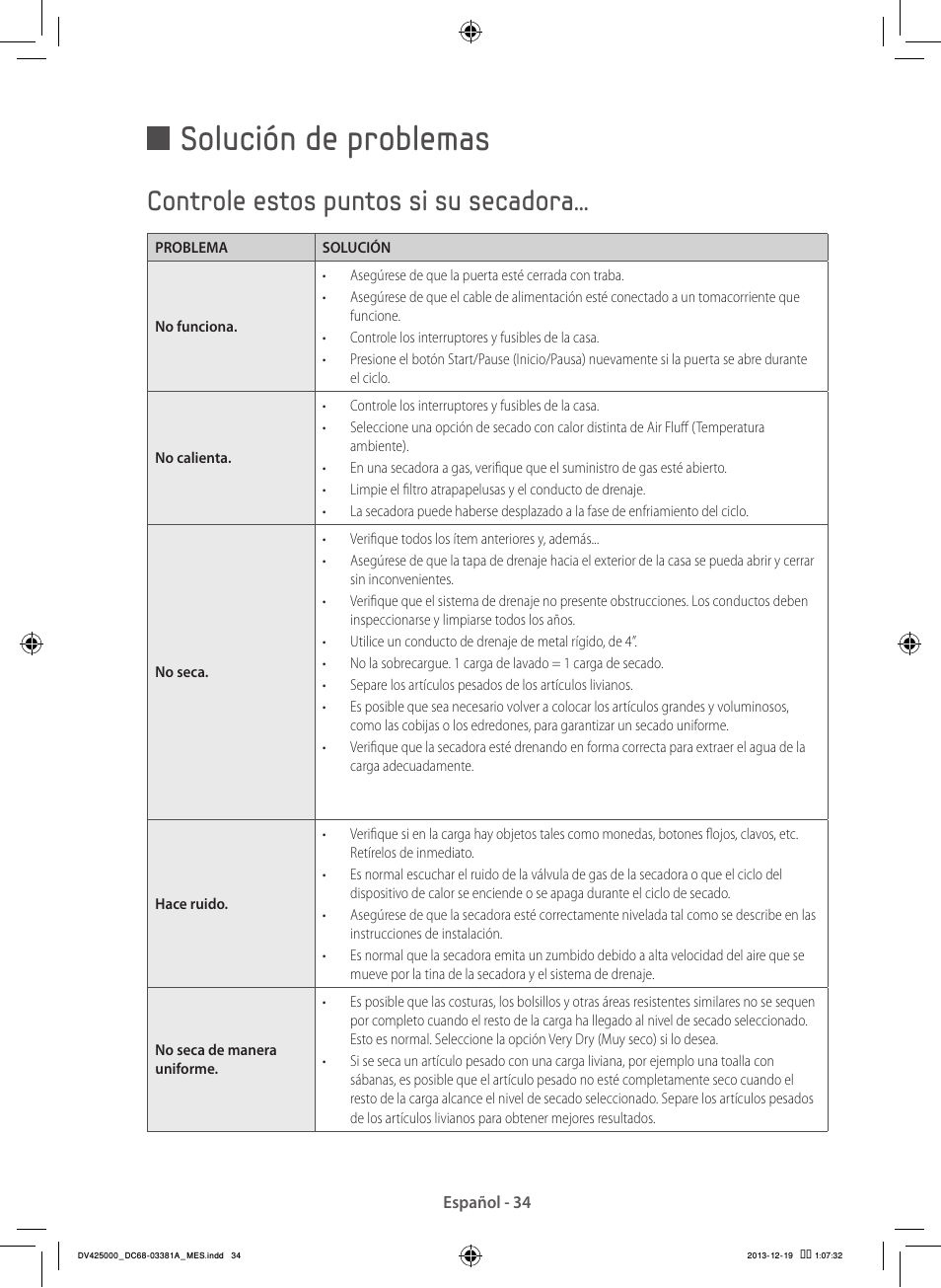 Solución de problemas, Controle estos puntos si su secadora | Samsung DV42H5200GF-A3 User Manual | Page 122 / 132