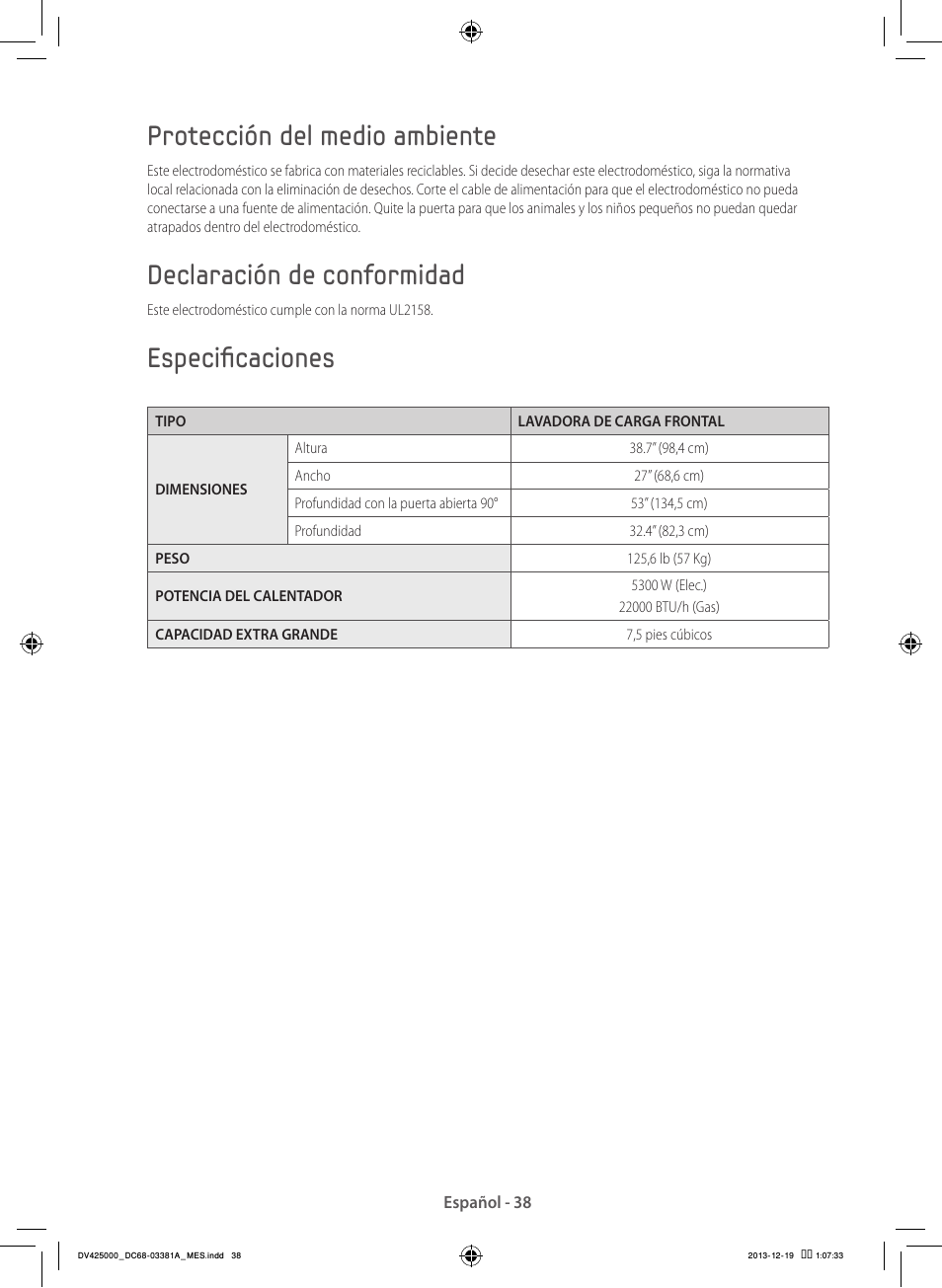 Protección del medio ambiente, Declaración de conformidad, Especificaciones | Samsung DV42H5200GF-A3 User Manual | Page 126 / 132