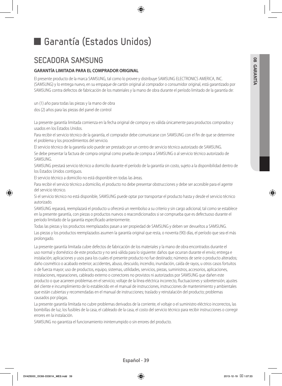 Garantía (estados unidos), Secadora samsung | Samsung DV42H5200GF-A3 User Manual | Page 127 / 132