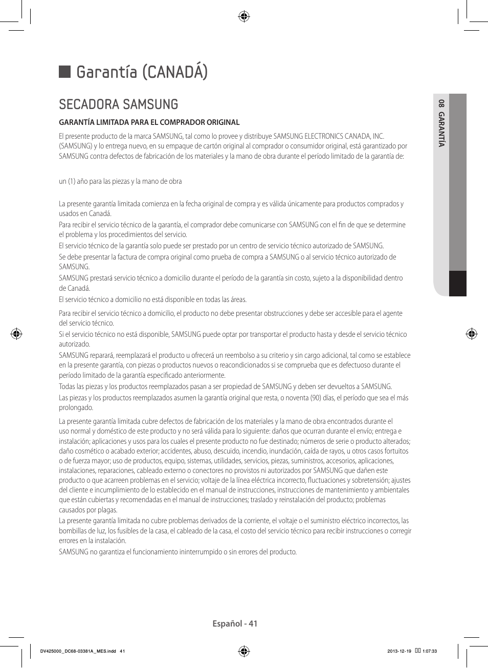 Garantía (canadá), Secadora samsung | Samsung DV42H5200GF-A3 User Manual | Page 129 / 132