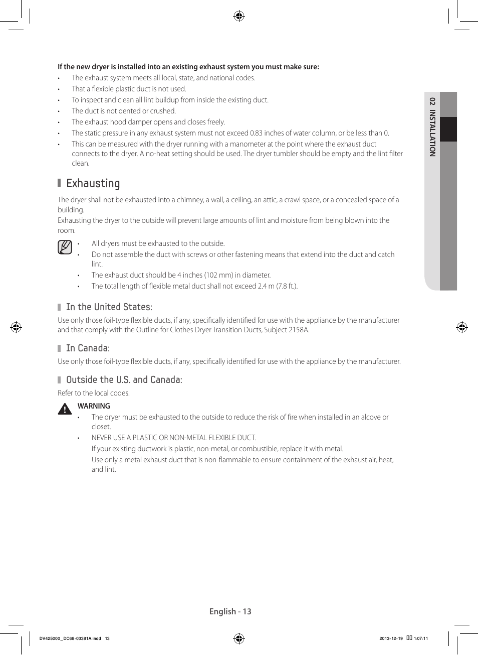 Exhausting, Outside the u.s. and canada | Samsung DV42H5200GF-A3 User Manual | Page 13 / 132