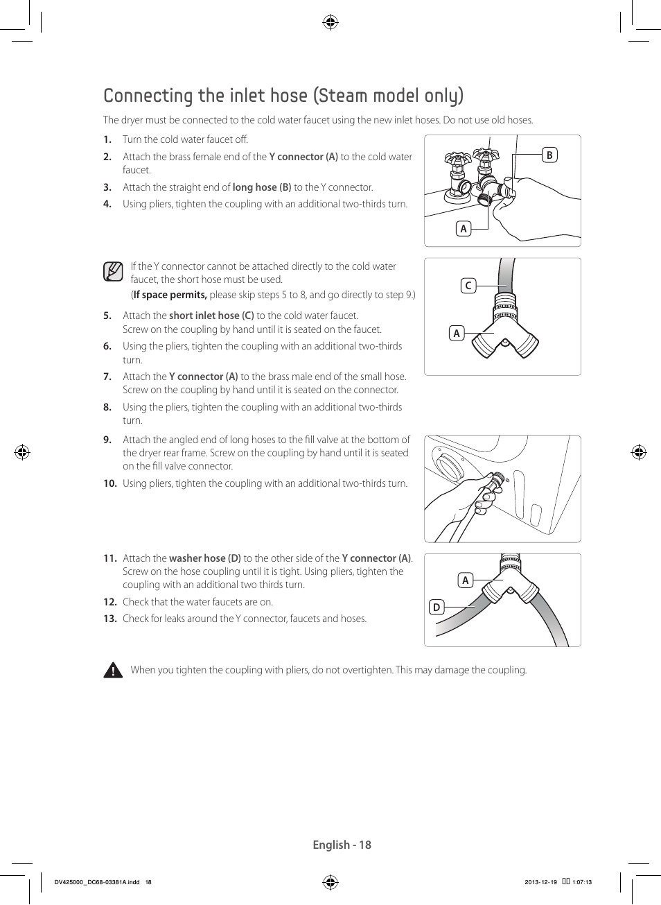Connecting the inlet hose (steam model only) | Samsung DV42H5200GF-A3 User Manual | Page 18 / 132
