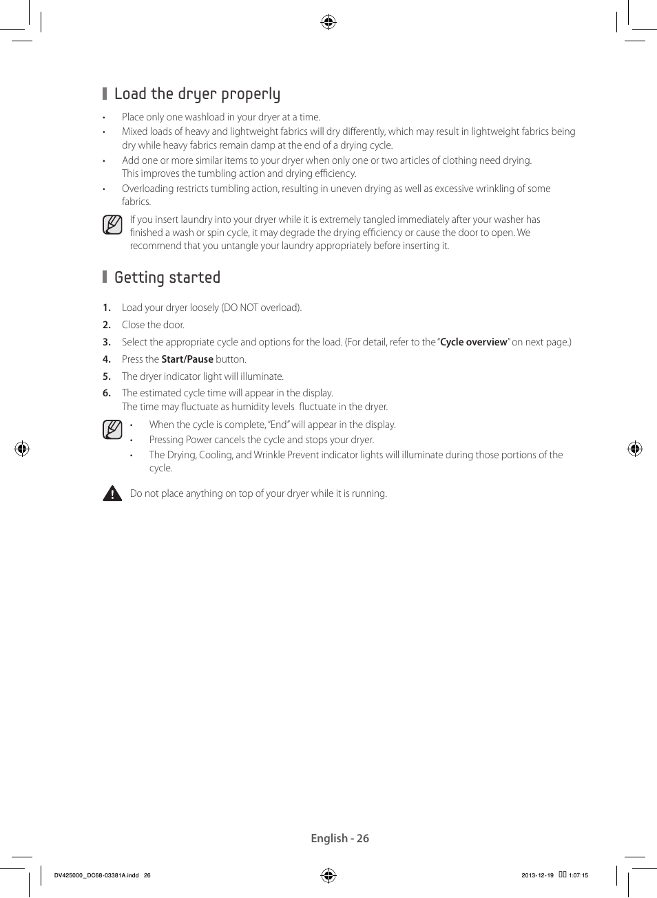 Load the dryer properly, Getting started | Samsung DV42H5200GF-A3 User Manual | Page 26 / 132