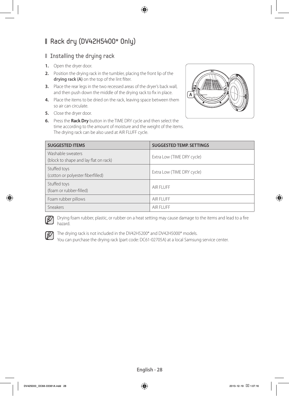 Installing the drying rack | Samsung DV42H5200GF-A3 User Manual | Page 28 / 132