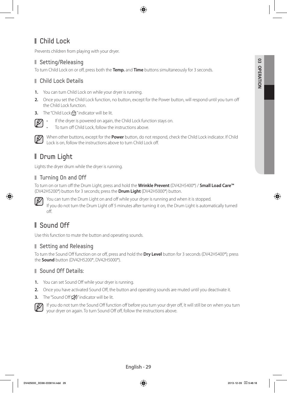 Child lock, Drum light, Sound off | Samsung DV42H5200GF-A3 User Manual | Page 29 / 132