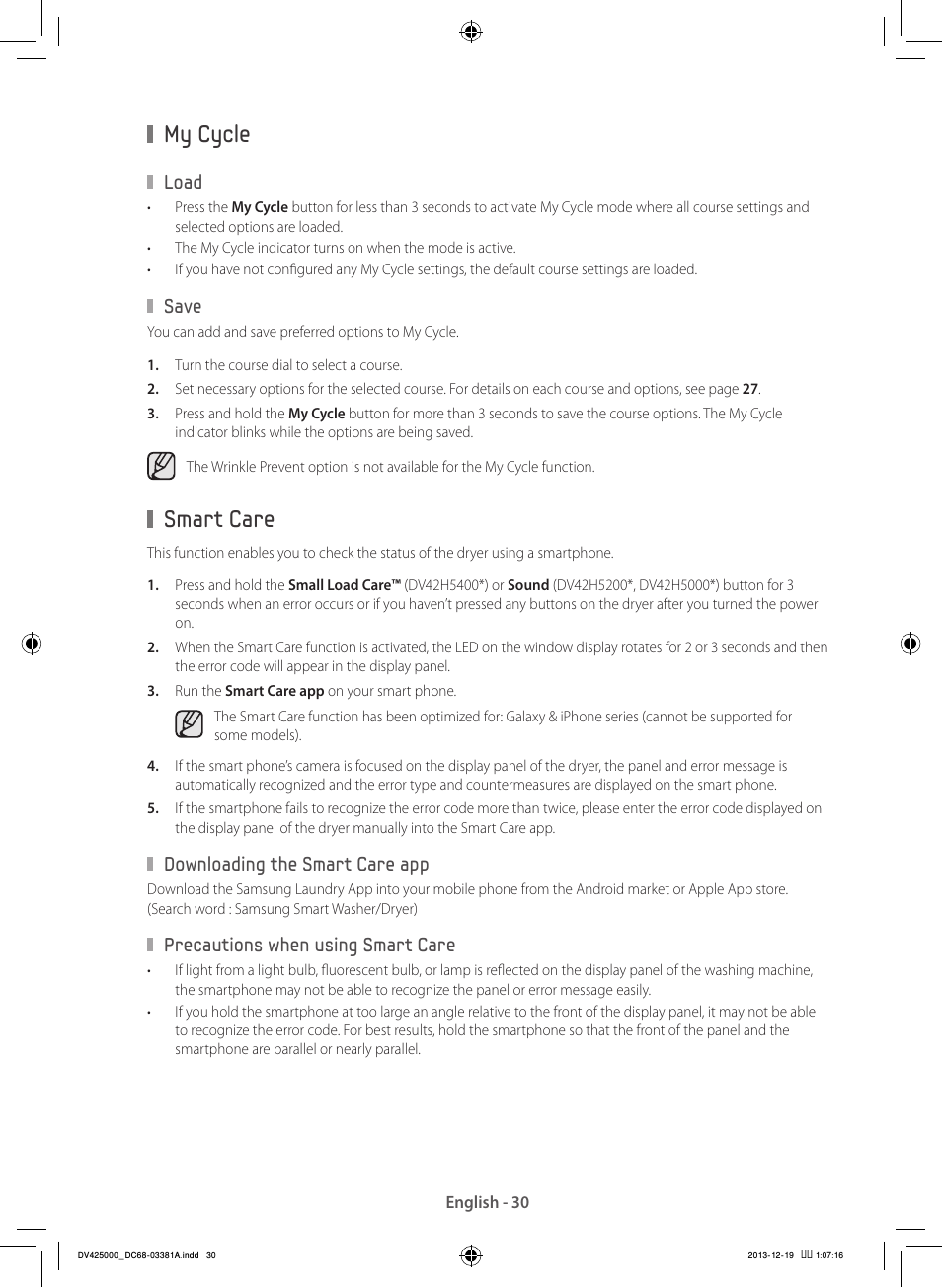 My cycle, Smart care | Samsung DV42H5200GF-A3 User Manual | Page 30 / 132