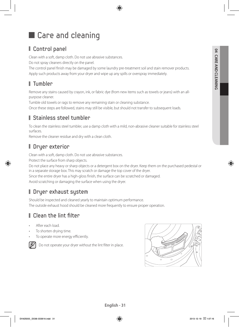 Care and cleaning, Control panel, Tumbler | Stainless steel tumbler, Dryer exterior, Dryer exhaust system, Clean the lint filter | Samsung DV42H5200GF-A3 User Manual | Page 31 / 132