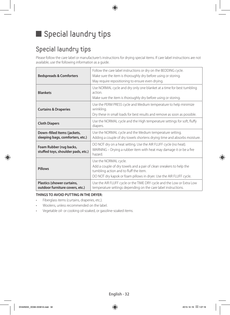 Special laundry tips | Samsung DV42H5200GF-A3 User Manual | Page 32 / 132
