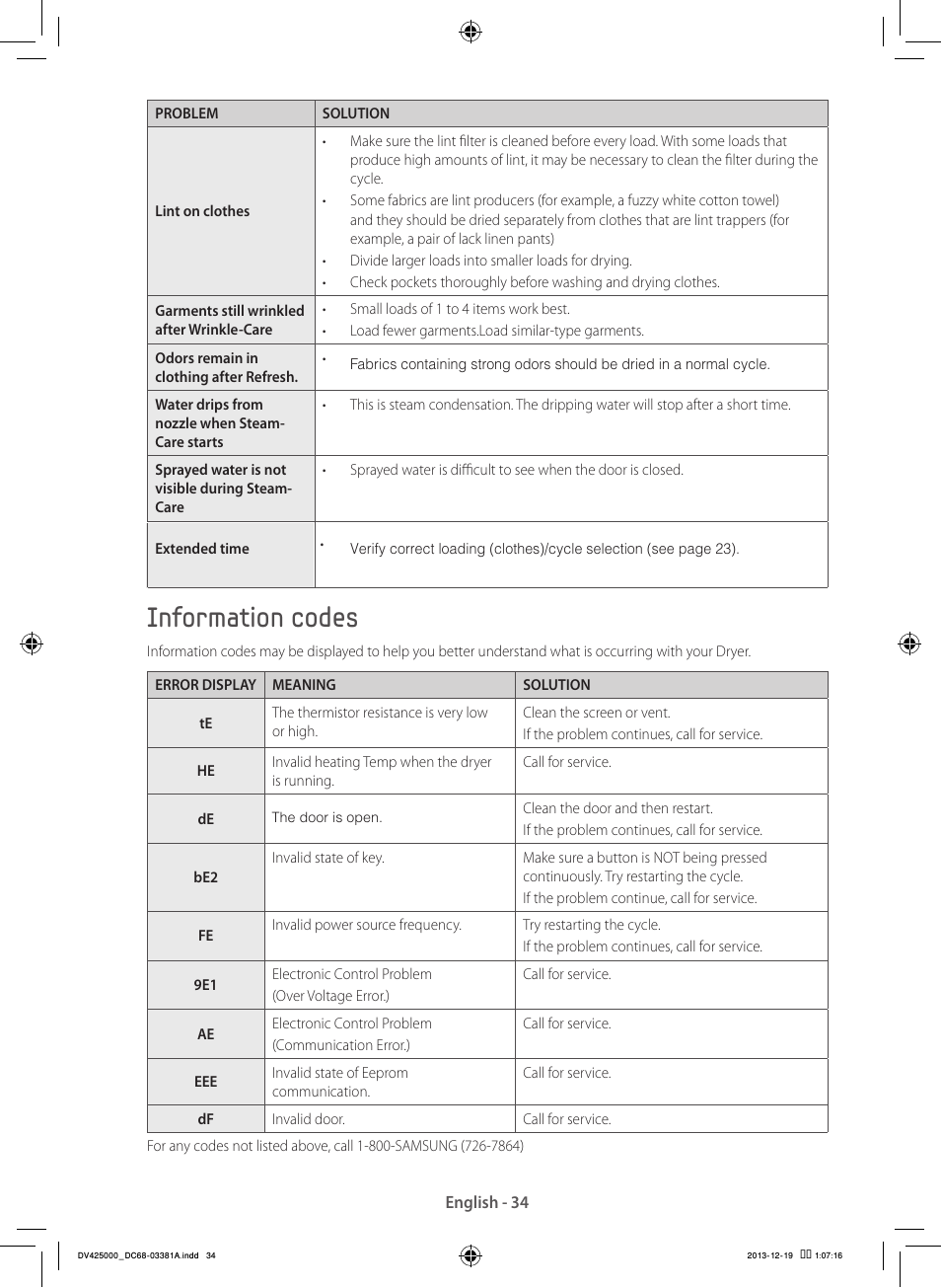 Information codes | Samsung DV42H5200GF-A3 User Manual | Page 34 / 132