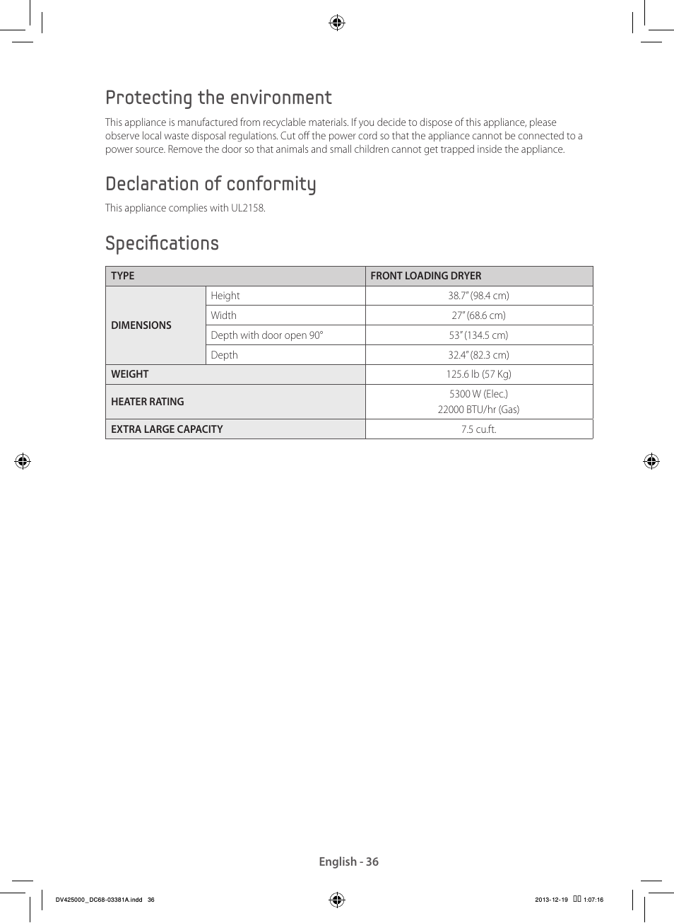Protecting the environment, Declaration of conformity, Specifications | Samsung DV42H5200GF-A3 User Manual | Page 36 / 132