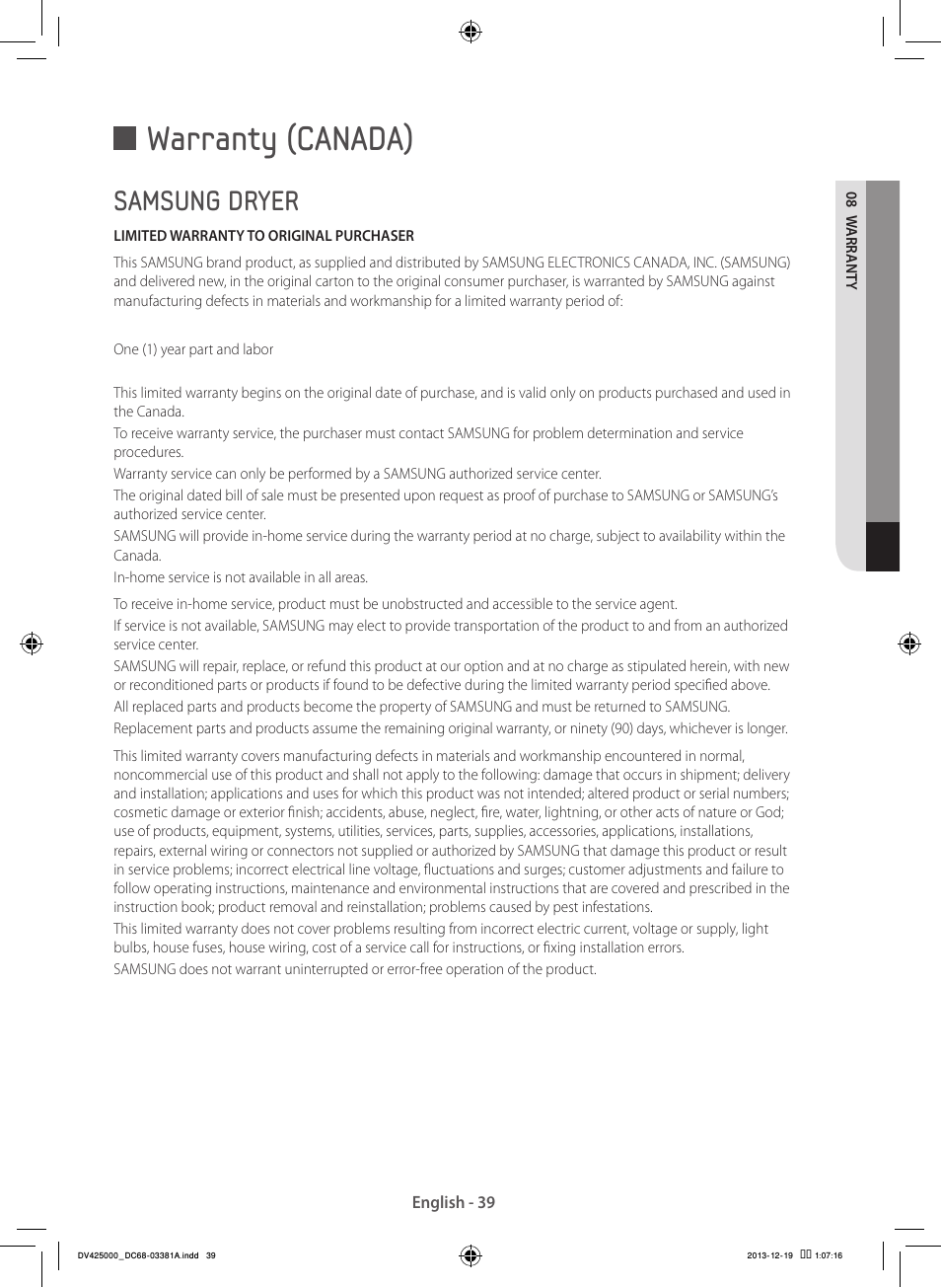 Warranty (canada), Samsung dryer | Samsung DV42H5200GF-A3 User Manual | Page 39 / 132