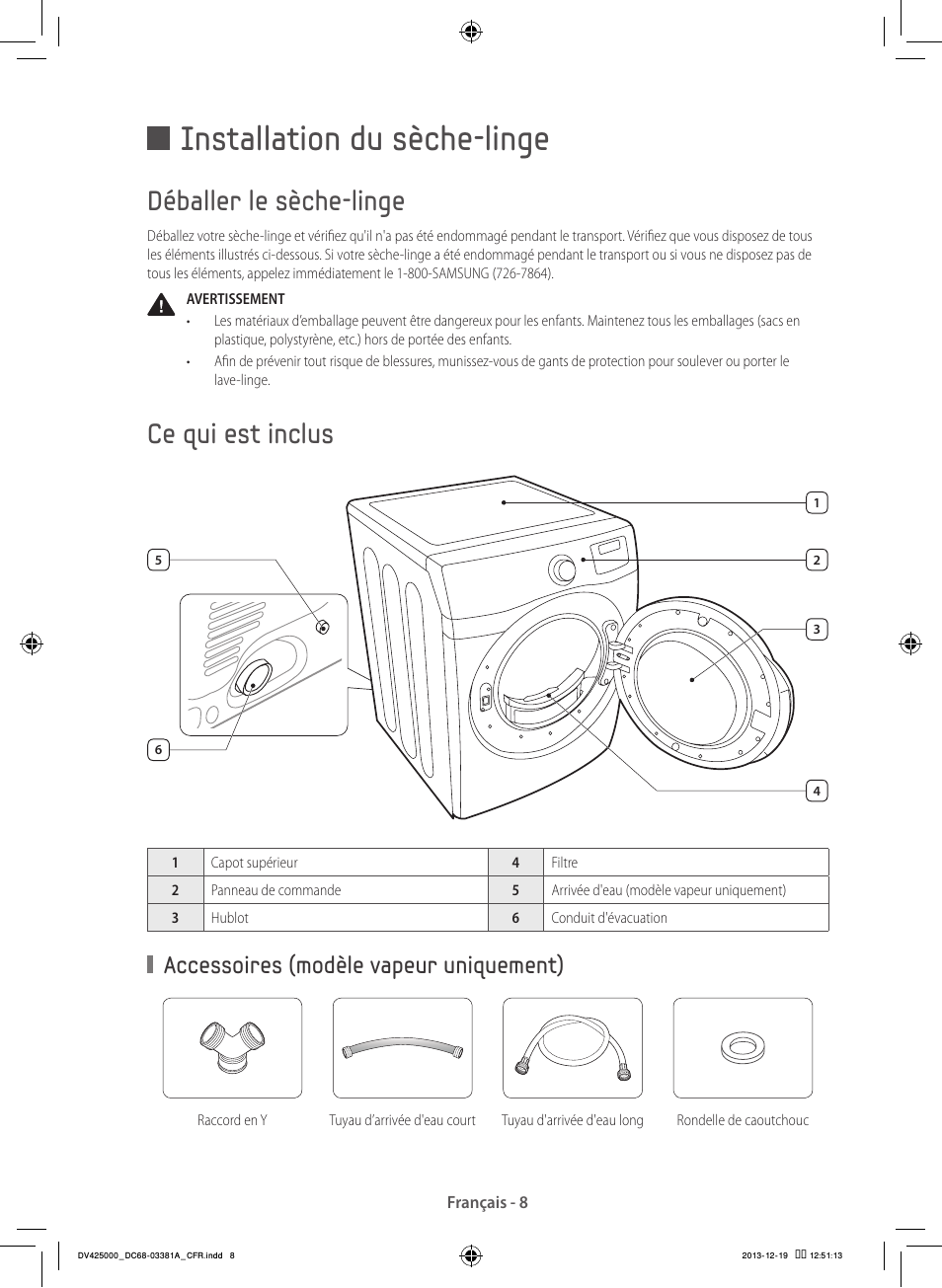 Installation du sèche-linge, Déballer le sèche-linge, Ce qui est inclus | Accessoires (modèle vapeur uniquement) | Samsung DV42H5200GF-A3 User Manual | Page 52 / 132