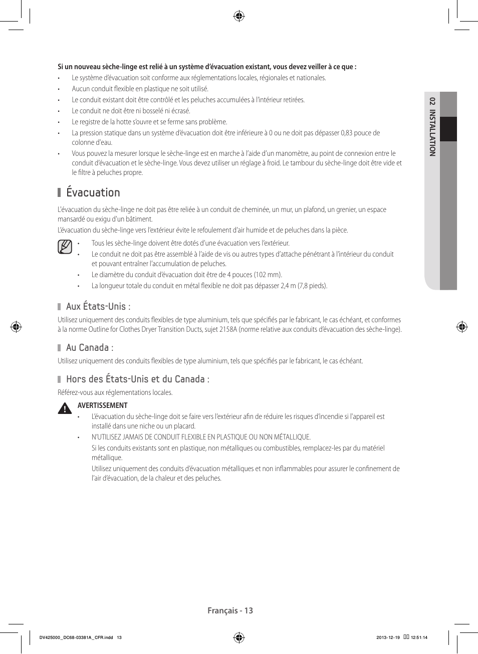 Évacuation, Aux états-unis, Au canada | Hors des états-unis et du canada | Samsung DV42H5200GF-A3 User Manual | Page 57 / 132