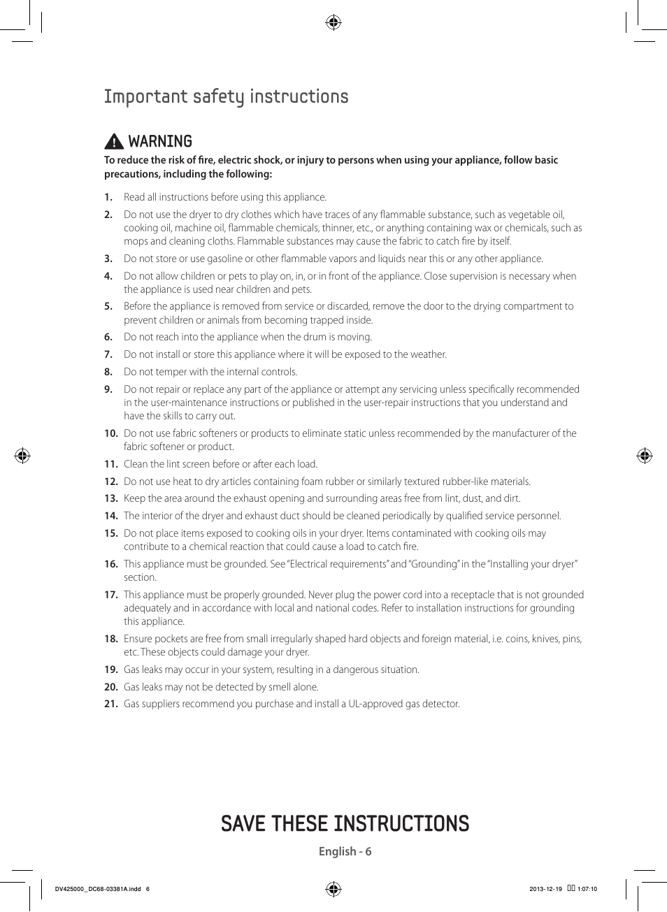 Save these instructions, Important safety instructions, Warning | Samsung DV42H5200GF-A3 User Manual | Page 6 / 132