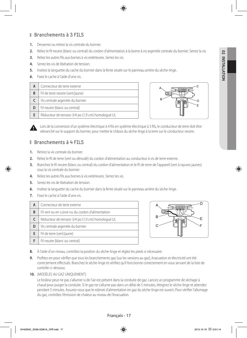 Branchements à 3 fils, Branchements à 4 fils | Samsung DV42H5200GF-A3 User Manual | Page 61 / 132