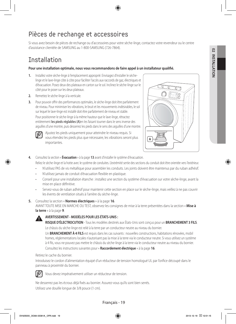 Pièces de rechange et accessoires, Installation | Samsung DV42H5200GF-A3 User Manual | Page 63 / 132