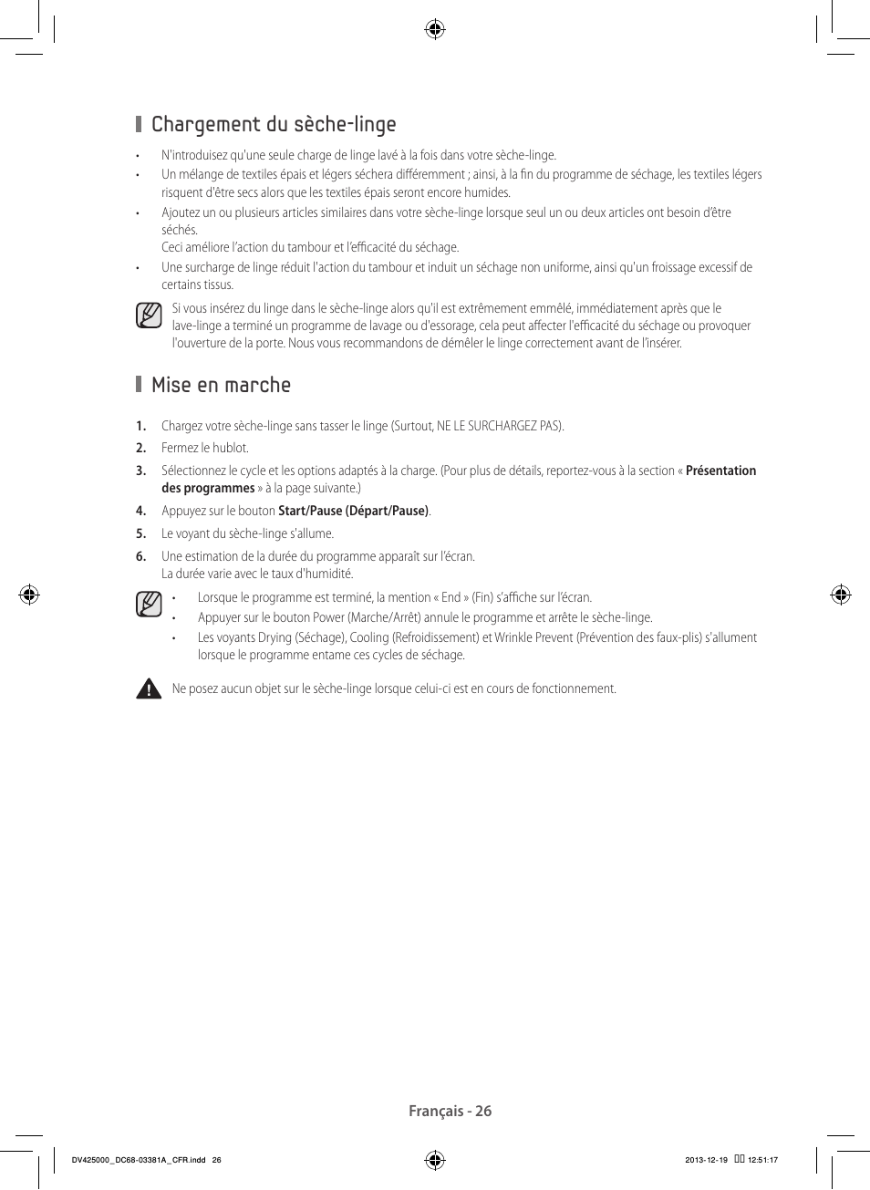 Chargement du sèche-linge, Mise en marche | Samsung DV42H5200GF-A3 User Manual | Page 70 / 132