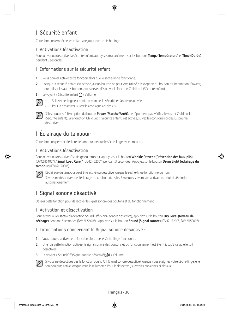 Sécurité enfant, Éclairage du tambour, Signal sonore désactivé | Samsung DV42H5200GF-A3 User Manual | Page 74 / 132
