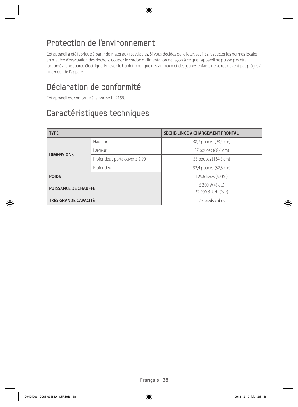 Protection de l’environnement, Déclaration de conformité, Caractéristiques techniques | Samsung DV42H5200GF-A3 User Manual | Page 82 / 132
