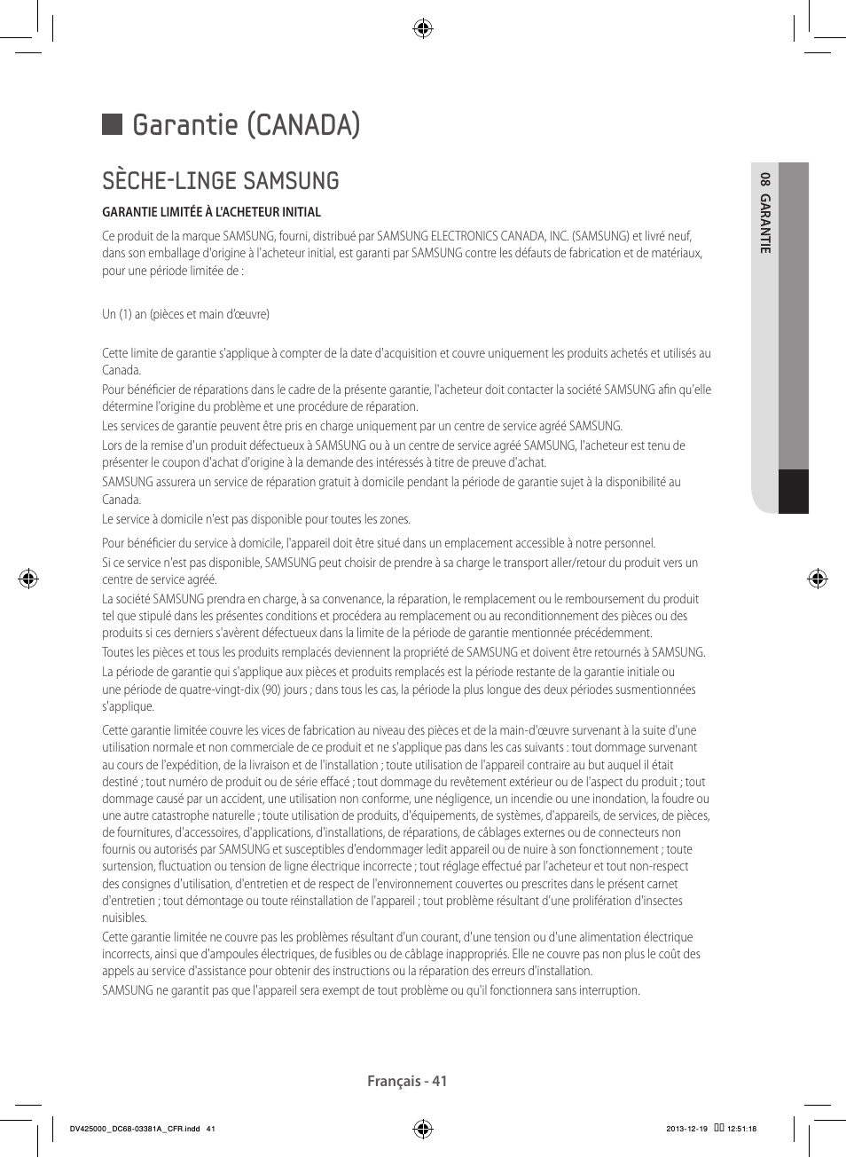 Garantie (canada), Sèche-linge samsung | Samsung DV42H5200GF-A3 User Manual | Page 85 / 132