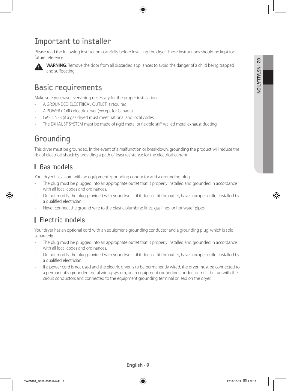 Important to installer, Basic requirements, Grounding | Gas models, Electric models | Samsung DV42H5200GF-A3 User Manual | Page 9 / 132