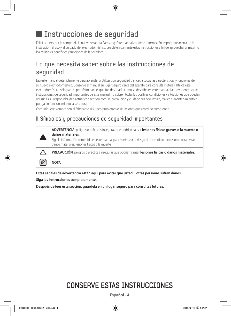 Instrucciones de seguridad, Conserve estas instrucciones, Símbolos y precauciones de seguridad importantes | Samsung DV42H5200GF-A3 User Manual | Page 92 / 132