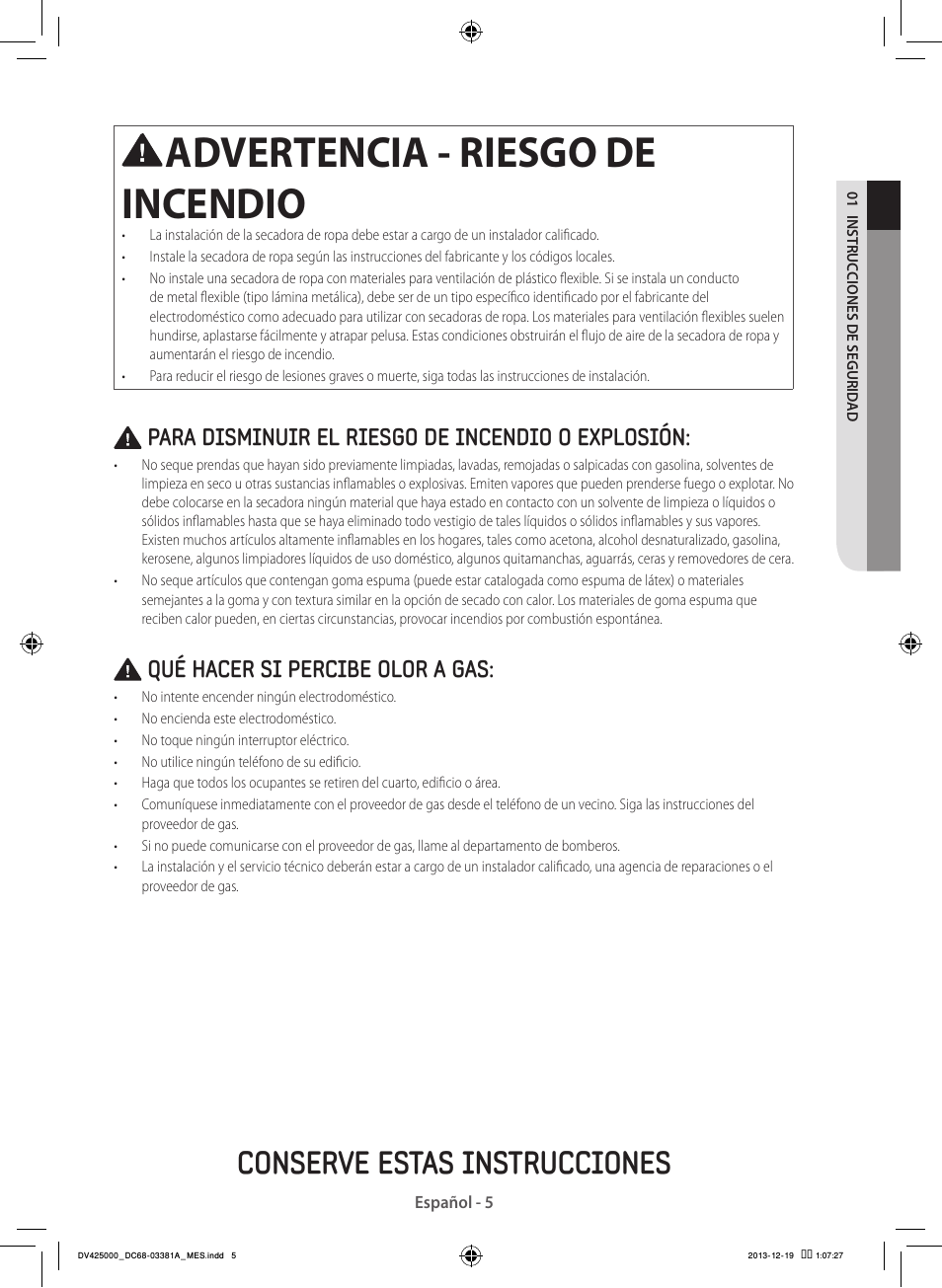 Advertencia - riesgo de incendio, Conserve estas instrucciones, Para disminuir el riesgo de incendio o explosión | Qué hacer si percibe olor a gas | Samsung DV42H5200GF-A3 User Manual | Page 93 / 132