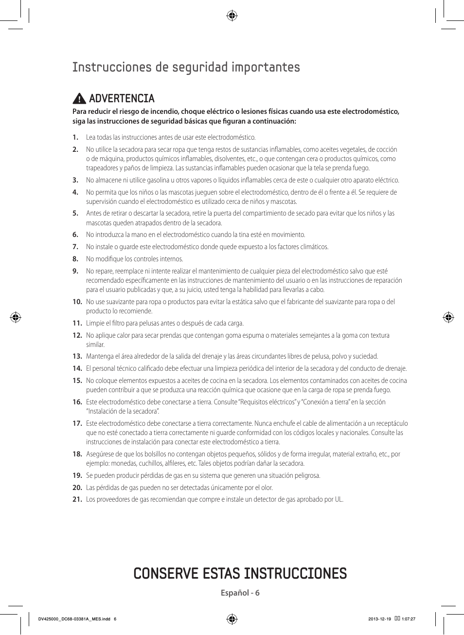 Conserve estas instrucciones, Instrucciones de seguridad importantes, Advertencia | Samsung DV42H5200GF-A3 User Manual | Page 94 / 132