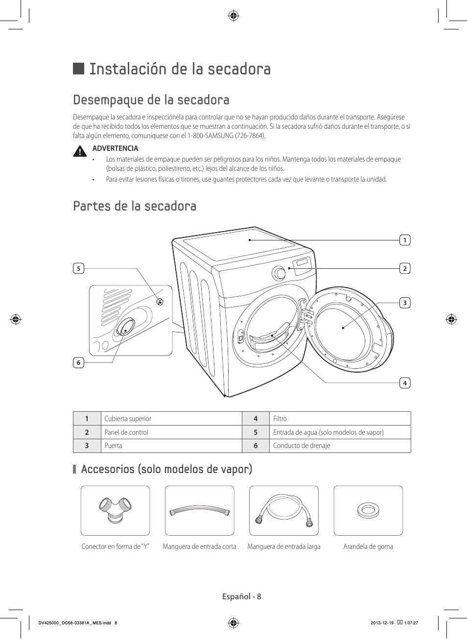 Instalación de la secadora, Desempaque de la secadora, Partes de la secadora | Accesorios (solo modelos de vapor) | Samsung DV42H5200GF-A3 User Manual | Page 96 / 132