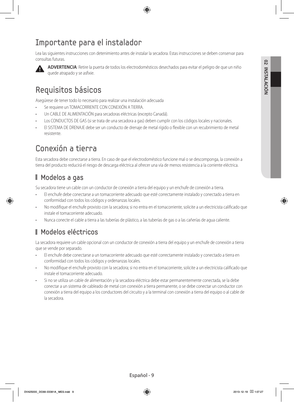 Importante para el instalador, Requisitos básicos, Conexión a tierra | Modelos a gas, Modelos eléctricos | Samsung DV42H5200GF-A3 User Manual | Page 97 / 132