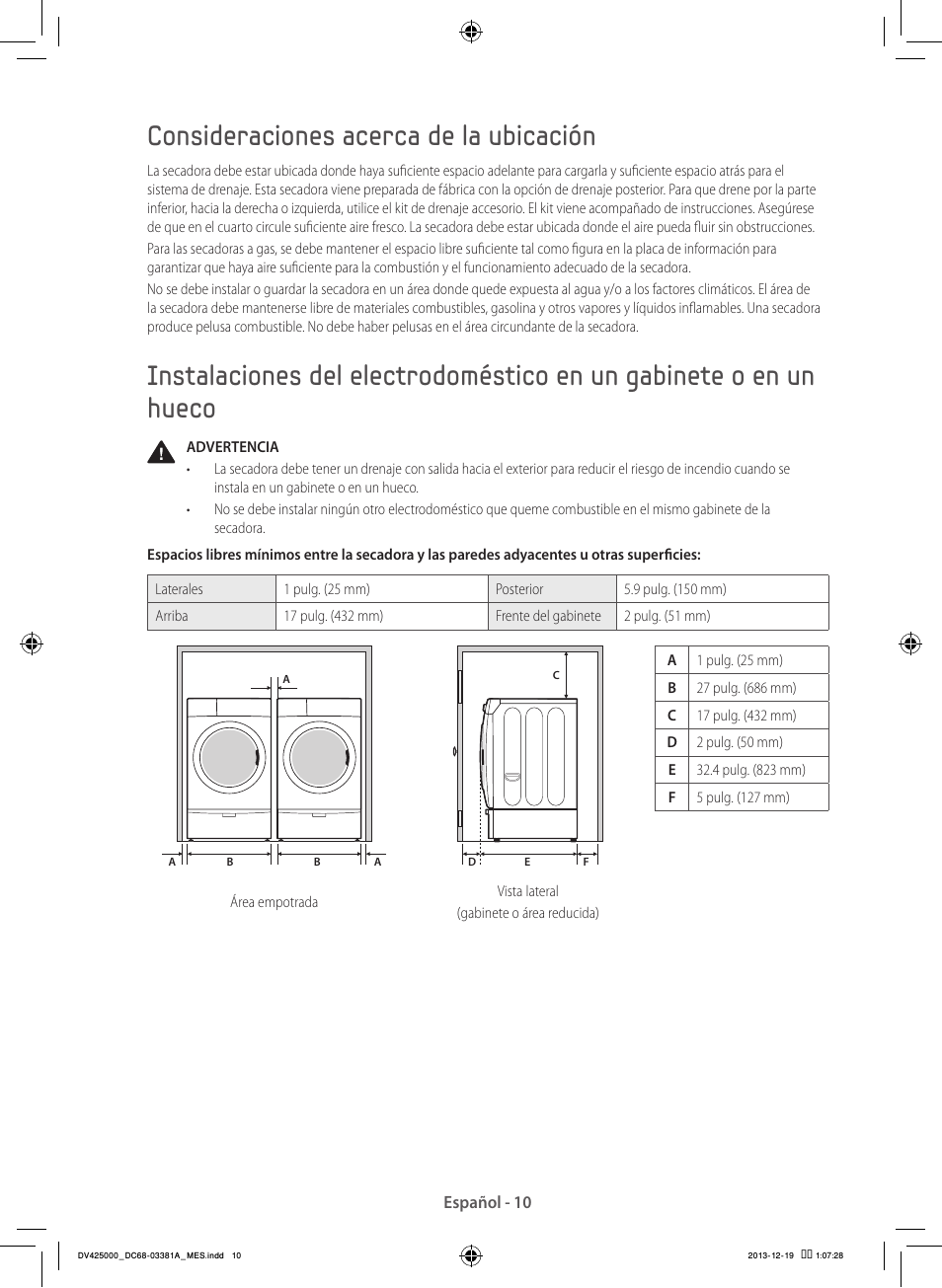 Consideraciones acerca de la ubicación | Samsung DV42H5200GF-A3 User Manual | Page 98 / 132